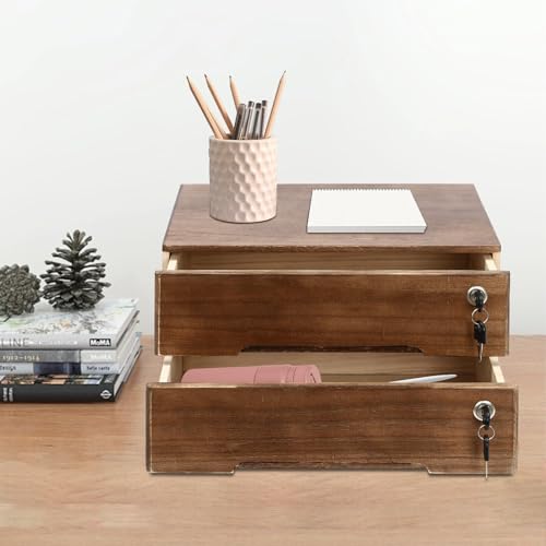 Wooden Desk Organizer with Drawers & Lock, Desktop Countertop Storage Cabinet Lockable Home Office Supplies File Tabletop Organizing Unit (2 Drawer - Retro Walnut) - style: 2 Drawer - Retro Walnut