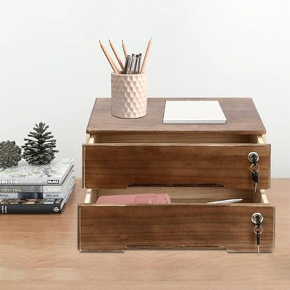 Wooden Desk Organizer with Drawers & Lock, Desktop Countertop Storage Cabinet Lockable Home Office Supplies File Tabletop Organizing Unit (2 Drawer - Retro Walnut) - style: 2 Drawer - Retro Walnut