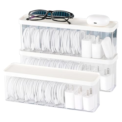 Charger Cable Cord Storage Organizer Box - 3 Pack With Lid - Easy Storage Without Cable Ties - style: Stackable,minimalist