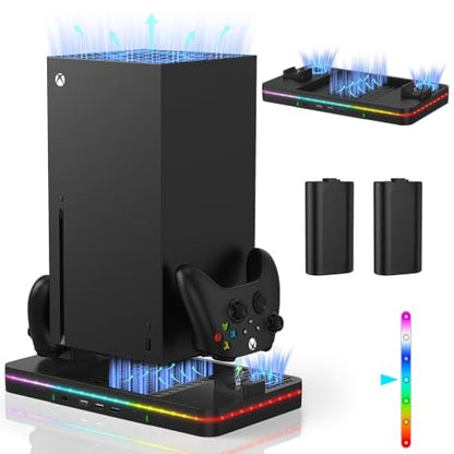 Charging Stand with Cooling Fan, CODOGOY Vertical Stand Compatible with Xbox Series X/S Console&Controller, Dual Controller Charger Station Dock with 3 USB Ports,2*1100 mAh Rechargeable Battery Packs - color: Jet Black