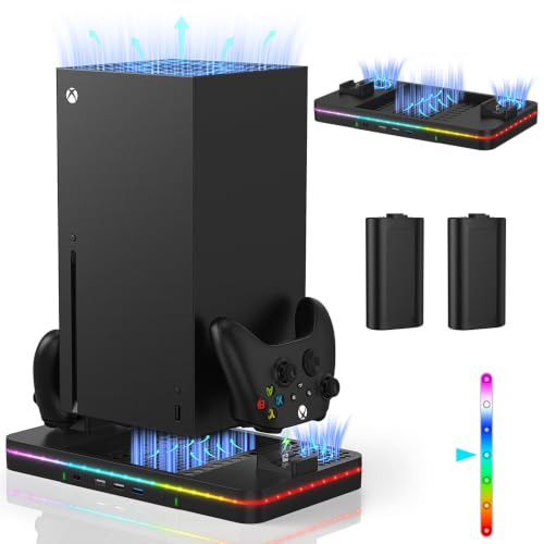 Charging Stand with Cooling Fan, CODOGOY Vertical Stand Compatible with Xbox Series X/S Console&Controller, Dual Controller Charger Station Dock with 3 USB Ports,2*1100 mAh Rechargeable Battery Packs - color: Jet Black
