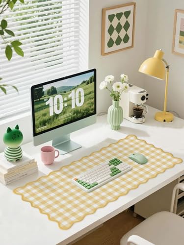 Scalloped‌ Checkered Gingham Desk Mat Cute Yellow Pastel Large Mouse Pad Kawaii Cottagecore ‌Vintage‌ Deskmat Girly Keyboard Computer Mat Aesthetic Desk Pad Office Decor for Women - color: A7-yellow