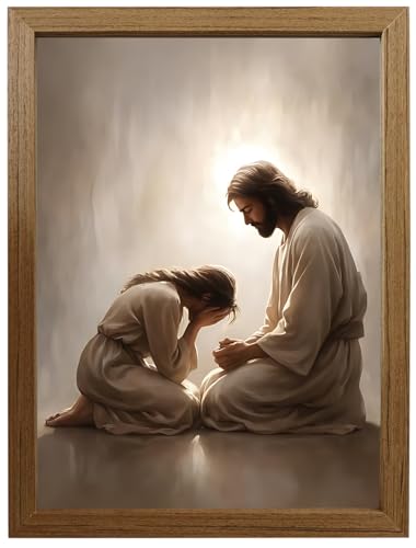 Framed Christian Wall Art, Jesus Comforting Prayer Canvas Print with Wooden Frame, Religious Faith Wall Decor for Living Room Bedroom Prayer Room Church, Ready to Hang, 12x16inch - color: huise, size: 16"L x 12"W