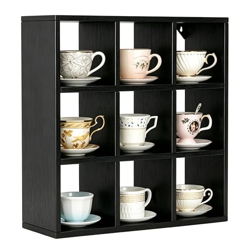Helsin 9 Grid Vintage Coffee Mug Display Rack, 16inch Wall Mounted Wooden Curio Shadow Box Shelf, Cup Floating Shelves Display and Organizer (Black) - color: Black