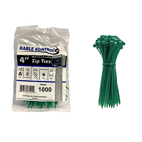 Kable Kontrol Green Zip Ties 4 Inch 1000 Pcs, 18 Lbs Tensile Strength, Self-locking Nylon Colored Cable Ties Wire Wraps for Indoor or Outdoor Use - color: Green, size: 4" - 18 Lbs - 1000 Pcs
