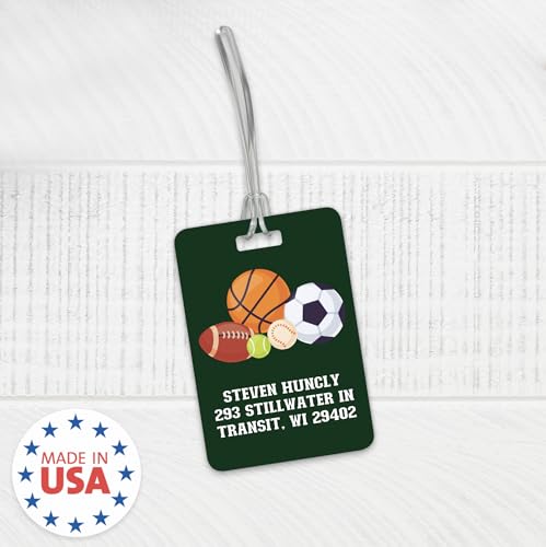 Personalized Sports Theme Luggage Tag / 2.75" x 4" Custom Modern Bag Tag/Double Sided Durable Plastic Luggage Tag with Plastic Strap/Made in The USA - style: Sports