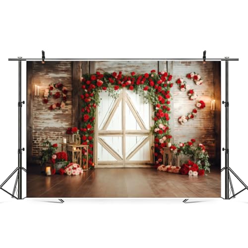 8x6ft Red Rose Brick Wall Wood Door Backdrop for Wedding Bridal Shower Party Decorations Mother’s Day Valentine's Day Engagement Backdrops Portrait Photo Booth Props - size: 8x6ft
