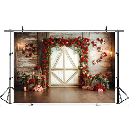 8x6ft Red Rose Brick Wall Wood Door Backdrop for Wedding Bridal Shower Party Decorations Mother’s Day Valentine's Day Engagement Backdrops Portrait Photo Booth Props - size: 8x6ft