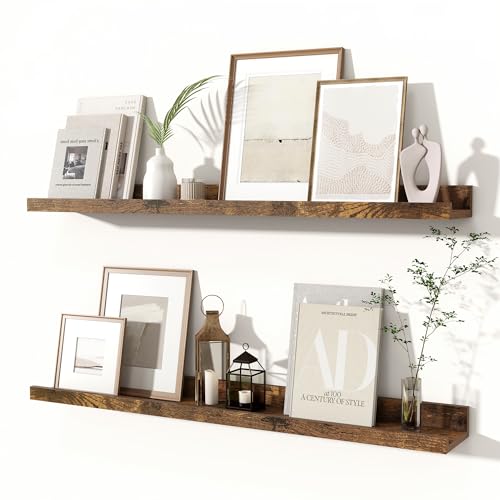 Fun Memories Picture Ledge Shelves Set of 2, 32 Inch Rustic Wall Mounted Floating Shelves with Lip for Home Storage and Décor in Bathroom, Kitchen, Nursery, Bedroom, Living Room, Brown - color: Brown, size: 32 inch, Set of 2