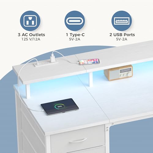 DUMOS 40 Inch Computer Desk with 4 Drawers, Gaming Desk with Power Outlets and LED Lights, Office Workstation for Small Spaces with Monitor Shelf, Writing Table for Home Office Bedroom Study White