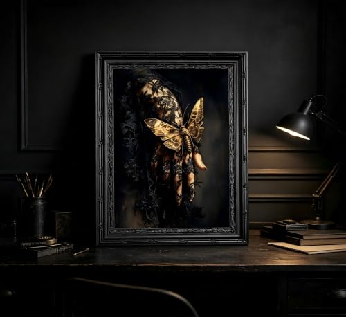 Gothic Moth Hand Framed Wall Art, Vintage Dark Aesthetic Single Panel Canvas Print with Ornate Black Carved Frame, Witchy Dark Academia Decor for Bedroom Living Room Halloween - color: Black Moth Hand, size: 24"L x 16"W