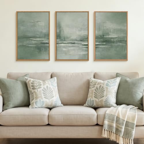 HPNIUB Large Abstract Sage Green Framed Canvas Wall Art Set,Vintage Neutral Brush Stroke Wall Decor, Minimalist Lake Landscape Artwork for Living Room,Bedroom,Office-24 x36 x3 - color: Abstract Sage Green Wall Art, size: 24"L x 36"W