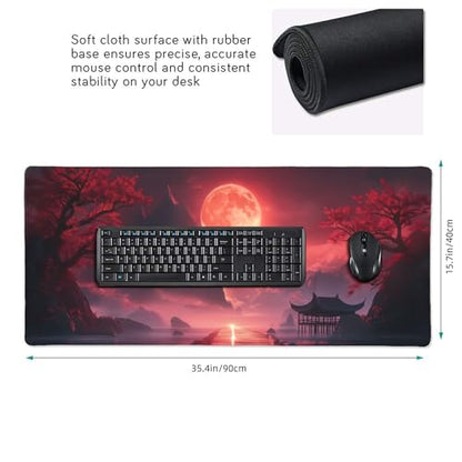 Extended Gaming Mouse Pad, Red Landscape Design, Non-Slip Rubber Base, Stitched Edges, Rectangular, 35.4 x 15.7 Inches - color: red sun