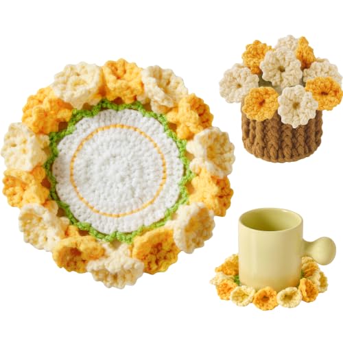 Flower Crochet Coasters, Handmade Bouquet Blanket Coaster with Crochet Plant Pot Fun Soft Decorative Drink Coasters for Coffee Tabletop Protection and Home Decor (Lemon Yellow, 1Pc) - color: Lemon Yellow, size: 1Pc