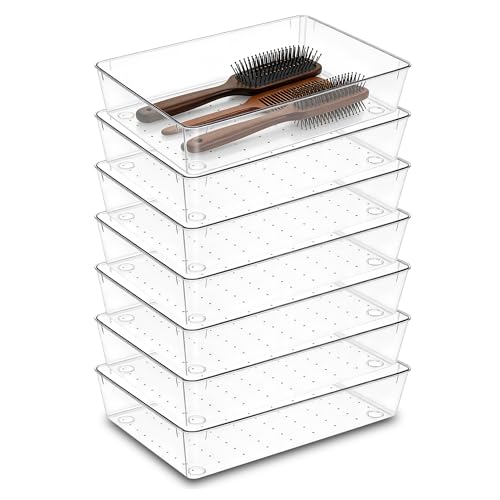 7Pack Desk Drawer Organizers, 6"*9" makeup acrylic drawer organizer trays for vanity, bathroom, office, nightstand, junk for kitchen drawer, Versatile plastic drawer divider storage bins