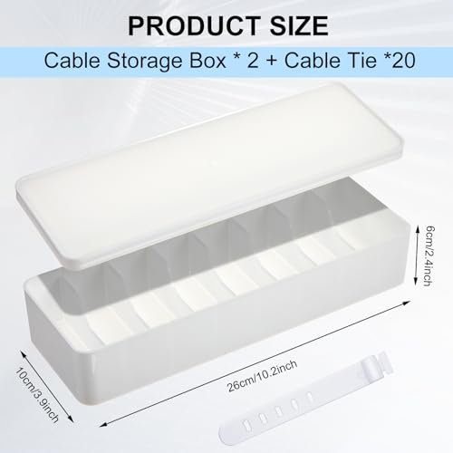 Tatuo 4 Pcs Cable Organizer Box with Wire Ties, Plastic Cord Storage Box with Lid, Electronics Organizer for Home Office Desk Organizers and Accessories (White) - color: White