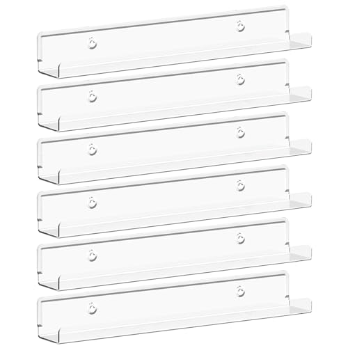 Lifewit Narrow Floating Shelves for Vinyl Record 6 Pack, 12" Clear Wall Shelves for Nail Polish/Book/Picture/Makeup, Acrylic Wall Display Shelf Organizer for Bedroom, Living Room, Bathroom Decor