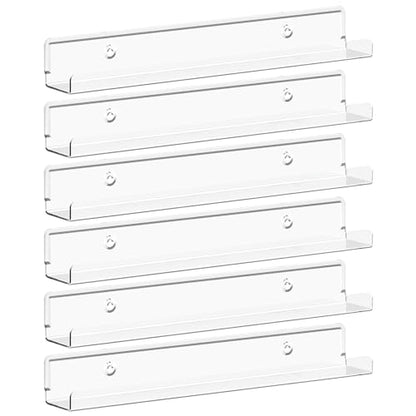 Lifewit Narrow Floating Shelves for Vinyl Record 6 Pack, 12" Clear Wall Shelves for Nail Polish/Book/Picture/Makeup, Acrylic Wall Display Shelf Organizer for Bedroom, Living Room, Bathroom Decor