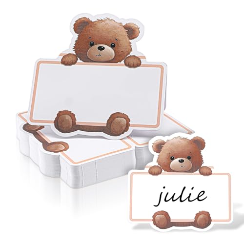 50 Pcs Bear Baby Shower Place Cards for Table Setting, Self-Adhesive Jungle Animals Name Tag Labels Stickers for Coquette Birthday Party Table Setting Supplies