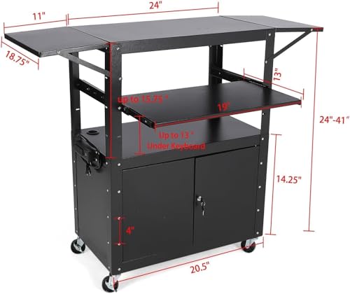 Adjustable Height AV Media Cart, 24-42 Inch Mobile Stand with Locking Storage, Extended Tray Organizer, Cable Management Wheels, for Home Office School - size: With extension frame