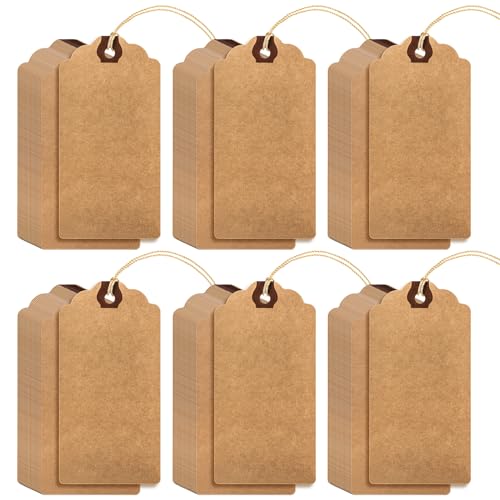 Outus 60 Pcs 4 3/4-in x 2 3/8-in Blank Large Paper Gift Tags with String and Reinforced Eyelet Wire Writable Price Tags Shipping Labels Inventory Labels(Brown) - color: Brown, size: Solid Style