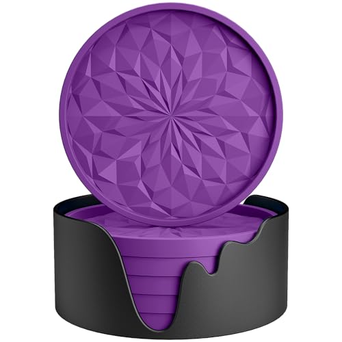 ME.FAN Silicone Coasters with Holder,[6 Pack] Drinking Coasters - Cup Mat for Hot or Cold Drinks, Thickened, Non-Slip, Non-Stick,Deep Tray Dark Purple - color: Dark Purple