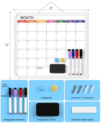 VITEVER Calendar Whiteboard for Wall, Double-Sided Dry Erase Board, Hanging Monthly Planning Board, Small White Board for Memo, to Do List, Home, Kitchen, Office Accessories