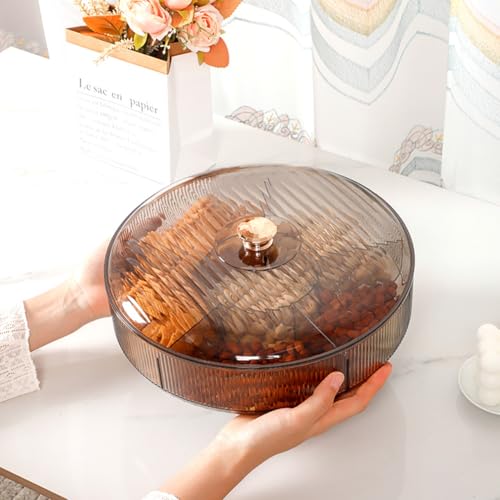 Divided Clear Snack Serving Tray with Lid, 6 Compartments Round Plastic Food Storage Organizer for Fruits, Nuts, Candies, Cookies, Stackable Snackle Box for Kitchen, Party and Picnic(Grey)