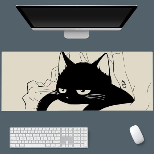 Gaming Mouse Pad XL Extended Anime Mouse Pad 31.5x11.8 inch, Large Cute Kawaii Big Computer Mouse Mat Desk Pad with Non-Slip Rubber Base and Stitched Edge for Home Office-Black Cat - color: Black Sleeping Cat, size: 31.5L x 11.8W inches