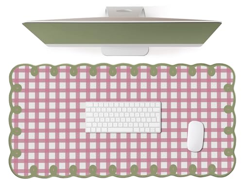 Cute Pink Green Scalloped Desk Mat Checkered Large Mouse Pad Kawaii Retro Cozy Vintage Cottagecore Aesthetic Office Desk Decor Stitched Nonslip Pad for Computer Keyboard & Mouse 31 * 15.7in - color: A3- Pink Green