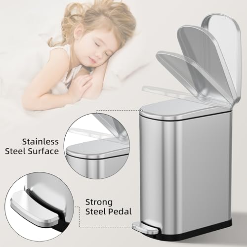 KUK Slim Bathroom Trash Can with Lid, 2.6 Gallon (10 L) Stainless Steel Step Small Garbage Can with Removable Inner Bucket, Soft Close, Anti-Fingerprint Finish (Silver) - color: Silver