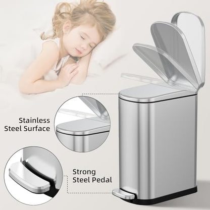 KUK Slim Bathroom Trash Can with Lid, 2.6 Gallon (10 L) Stainless Steel Step Small Garbage Can with Removable Inner Bucket, Soft Close, Anti-Fingerprint Finish (Silver) - color: Silver