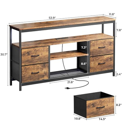 Huuger TV Stand Dresser with Power Outlets and LED Lights, 4 Drawers Entertainment Center with Shelves, 54 Inch Media Console for 55 60 Inch TV, 4 AC Outlets, 2 USBs, Rustic Brown - color: Rustic Brown, size: 54 Inches