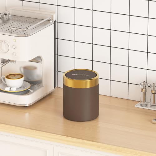 Countertop Trash Can with Lid for Desk Top,0.4 Gallon Stainless Steel Mini Trash Can for Desk、Car、Office、Kitchen,Swing Top Trash Bin with a Roll of Trash Bag(Brown) - color: Browm
