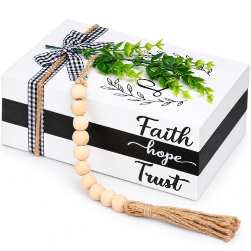 Capoda 3 Pcs Decorative Books for Home Decor Farmhouse Faux Stacked Books Wooden Rustic Table Decor with Bead Garland Twine Ribbon Faux Leaf for Table (Faith) - style: Faith