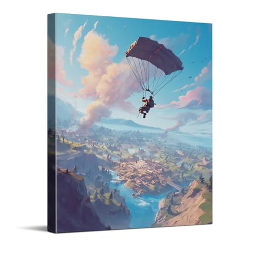 WOXZQ Epic Parachuting Battle Royale Scene Dynamic Adventure Game Art Wall Decor Print for Gaming Room Wrapped Canvas Illustration 12x15 Inch - color: Skydive to survive