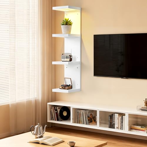 LinTimes 4-Tier LED Wall Shelf with Remote Control, White Floating Shelves Unit, Wall Mounted Display Storage - size: 4 Tier