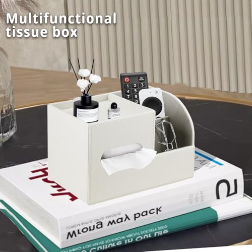 PU Leather Tissue Box Cover Square,Tissue Box Holder Organizer with Storage Tray and Remote Control Holder for Bathroom Countertop Night Stands Bedroom Office Desk,Napkin Caddy Decorative White - color: Cream