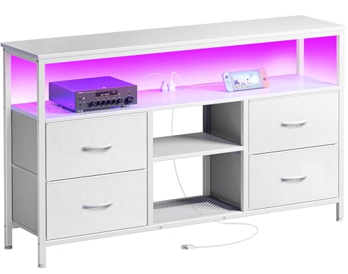Huuger 47 Inch TV Stand Dresser with Power Outlets and LED Lights, 4 Drawers Entertainment Center with Open Shelf, Media Console for 55 50 Inch TV, Dresser with PU Finish, White - color: White, size: 47.2 Inches