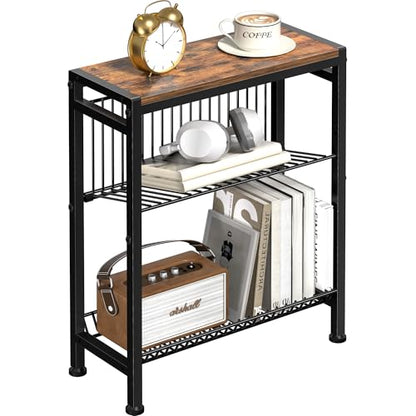 Narrow Side Table for Small Space, 3-Tier End Table with Magazine Holder,Slim Nightstand with Wire Shelf, Skinny Bedside Table in Living Room, Bedroom, Study, kitchen and Balcony (Rustic Brown) - color: Upgrade-rustic Brown