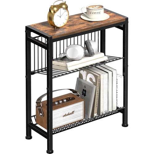 Narrow Side Table for Small Space, 3-Tier End Table with Magazine Holder,Slim Nightstand with Wire Shelf, Skinny Bedside Table in Living Room, Bedroom, Study, kitchen and Balcony (Rustic Brown) - color: Upgrade-rustic Brown