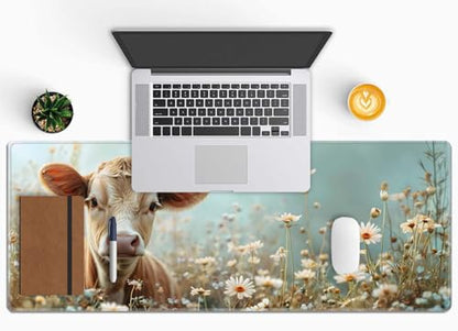 Flower and Little Cow XL Mouse Pad,Large Mouse Pad Gaming 31.5 x 11.8 in Mouse Mat Desk Pad,Extended Keyboard Mousepad Large Desk Mat with Non-Slip Rubber Base and Stitched Edge for Home Office - color: Flower and Little Cow