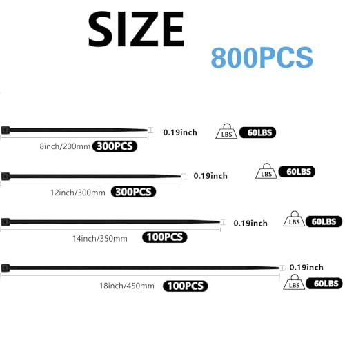 800 PCS Black Zip Ties Assorted Sizes 8+12+14+18 Inch Self-locking Nylon Cable ties Heavy Duty Outdoor, UV Resistant Wire Straps for Home Office Garden Workshop Indoor Outdoor Fence - color: Black, size: 8+12+14+18 inch(800pcs)