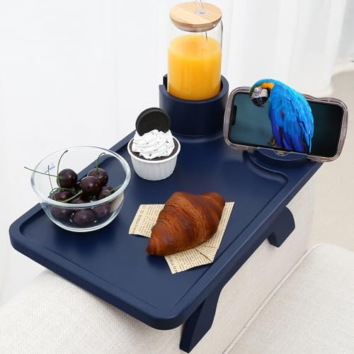 Nnewvante Couch Arm Tray,3 in 1 Large 15.36"x9.85" Bamboo Couch Table Armrest Sofa Arm Clip on Tray Table with 360°Rotated Phone/Cup Holder,Navy Blue - color: Navyblue