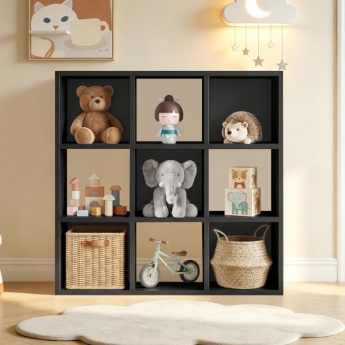LUCKLIFE 9-Cube Storage Organizer, Stackable Modular Bookcase Shelf with Vertical or Horizontal Use, Fits 11×11" Bins, Optional Back Panels, for Living Room, Office, Black - color: 9 Cube - Black