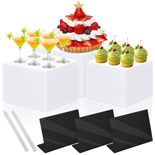 3 Pack Buffet Risers with 3 Signs and 2 Pen, White Food Risers for Buffet Table, Food Display Risers for Party, Acrylic Cube Display Nesting Risers with Hollow Bottoms for Catering Dessert Collectibles Jewelry (Size 8",9",10")
