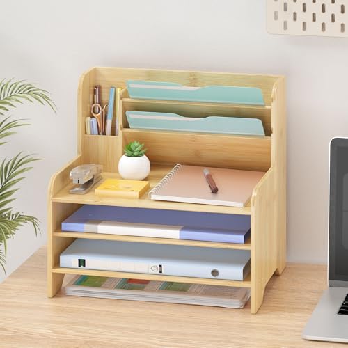 Bamboo Desk Organizer Mail Holder Countertop Letter Tray File Organizer for Desk Letter Sorter Paper File Storage for School Home Office Supplies - color: Nature, size: Large