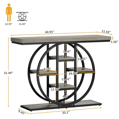 Celaform 41" Console Table, 4-Tier Entryway Table with Circle Base, Industrial Narrow Wood Sofa Accent Tables with Storage Shelves for Living Room, Hallway, Foyer (Grey) - color: Grey