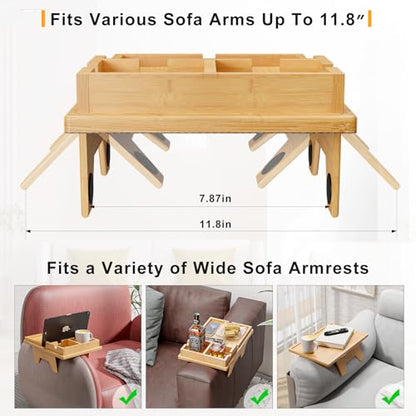 Bestjing Bamboo Couch Cup Holder Tray - 2 in 1 Couch Armrest Table with Be Slide-Away Detachable Double Holder - Sofa Armchair Caddy for Drinking Snacks iPad TV Remote - color: Bamboo, size: 13.8" x 9.5" x 2.4"