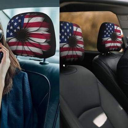 Dujiea 2 Pack American Flag Daisy Car Headrest Covers, Universal Soft Car Seat Head Rest Cover Protector, Vehicle Accessories Fabric Headrest Cover for Cars Vans Trucks - color: American Flag Daisy